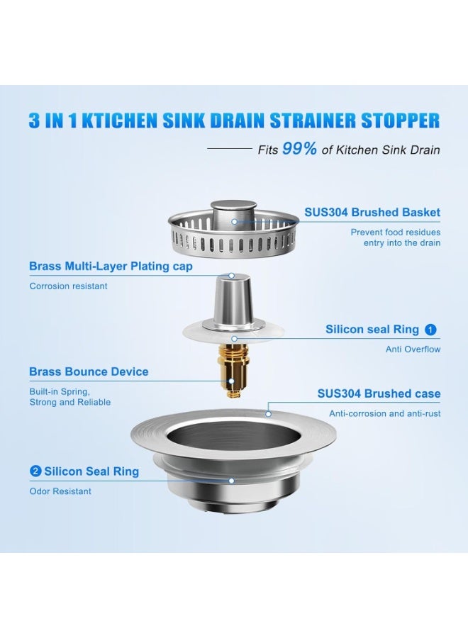 فلتر تصريف حوض المطبخ والحمام 3 في 1 - سدادة دفع منبثقة مع سلة مضادة للانسداد، ومصفاة طعام، وفلتر روائح، ومانع تسرب مياه للمصارف القياسية - Image 3
